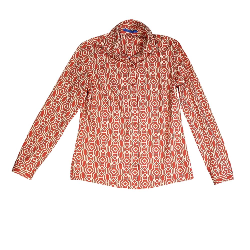 J McLaughlin Shirt Womens Small Orange Geo Stretch Button Front Golf Summer